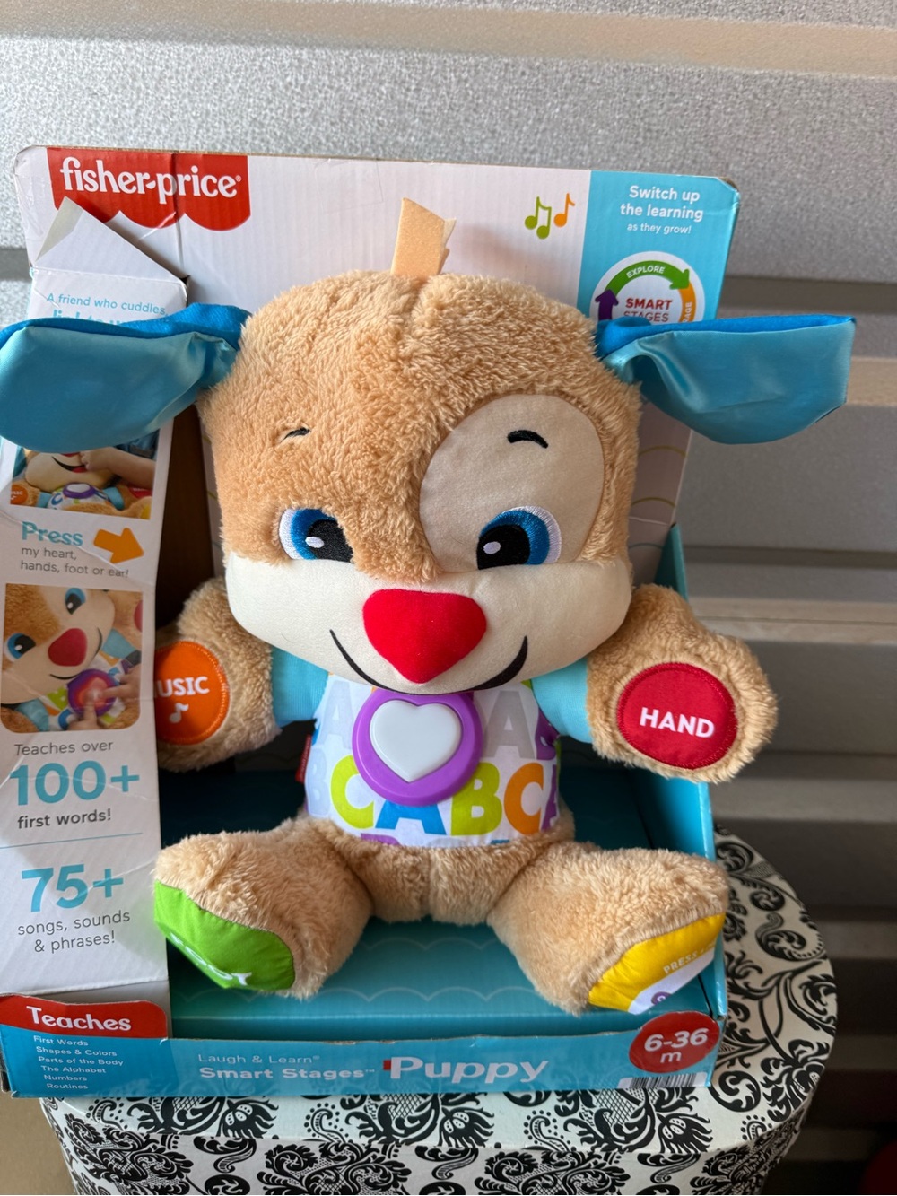 Fisher-Price Tan Puppy Plush with Blue Ears and Colorful ABC Heart